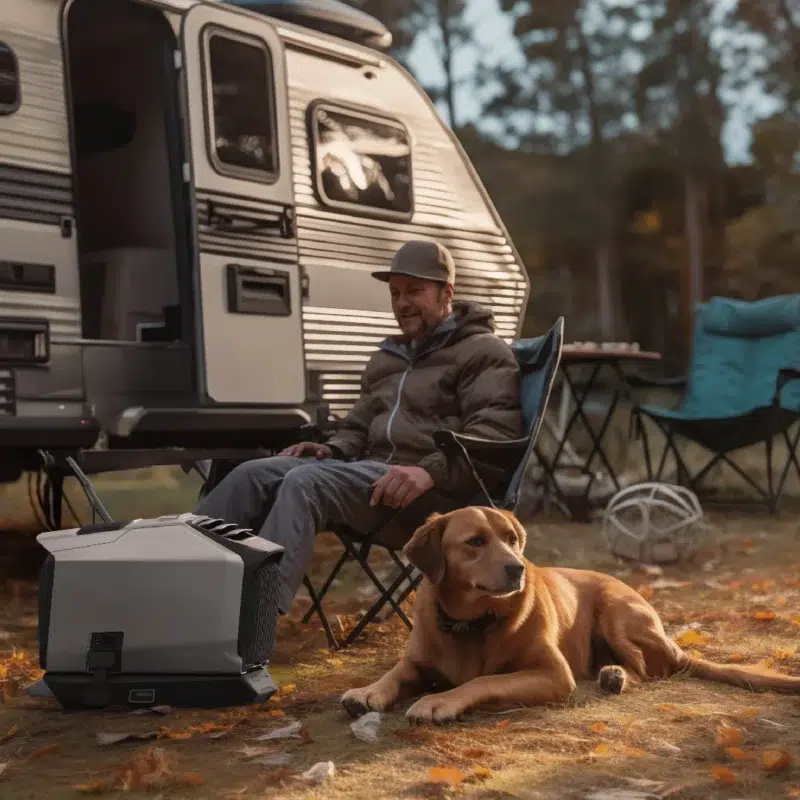 Perro descansando junto a un aire acondicionado portátil EcoFlow Wave 2 conectado a una estación Delta 3 en motorhome argentino