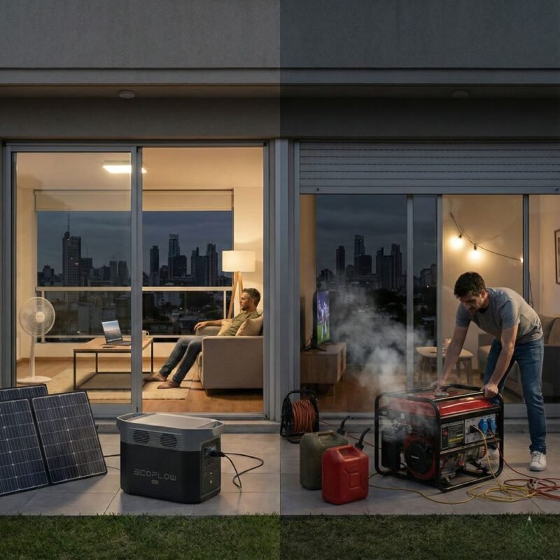 Comparación entre una estación EcoFlow y un generador a combustible en una casa argentina durante un corte de luz