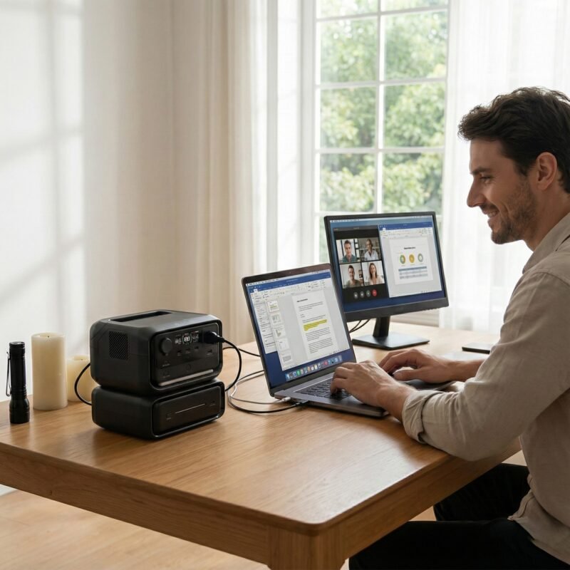Home office funcionando durante un corte de luz con estación de energía portátil
