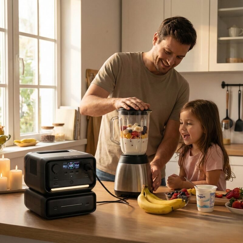 Estación de energía portátil en un hogar con router, notebook y electrodomésticos esenciales