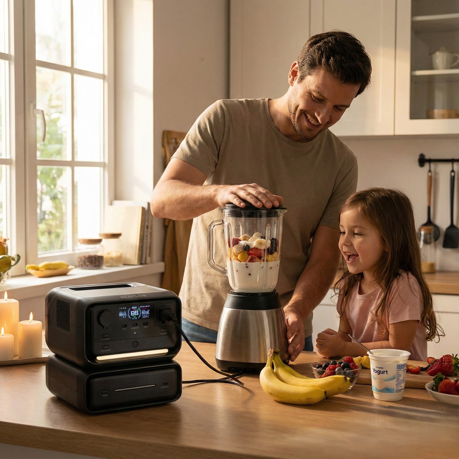 Estación de energía portátil en un hogar con router, notebook y electrodomésticos esenciales