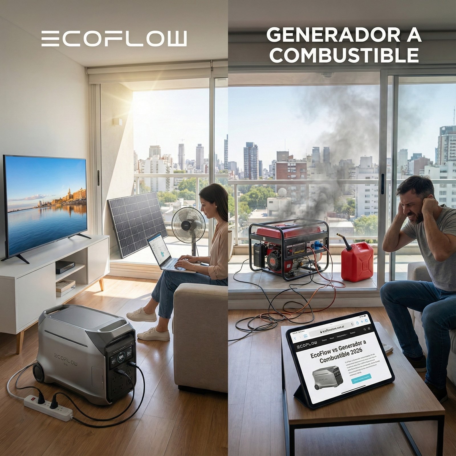 Comparativa entre estación de energía portátil y generador a combustible en un entorno doméstico