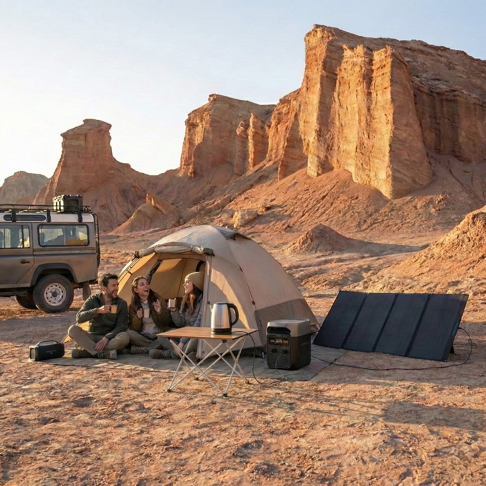 Estación de energía portátil para camping en Argentina alimentando pava eléctrica